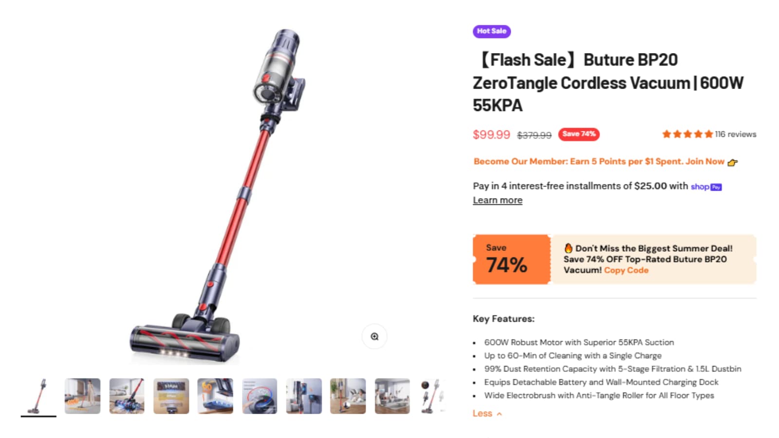 Buture BP20 Cordless Vacuum Deal Proof Buture BP20 ZeroTangle cordless vacuum deal proof showing $99.99 sale price and $379.99 original price
