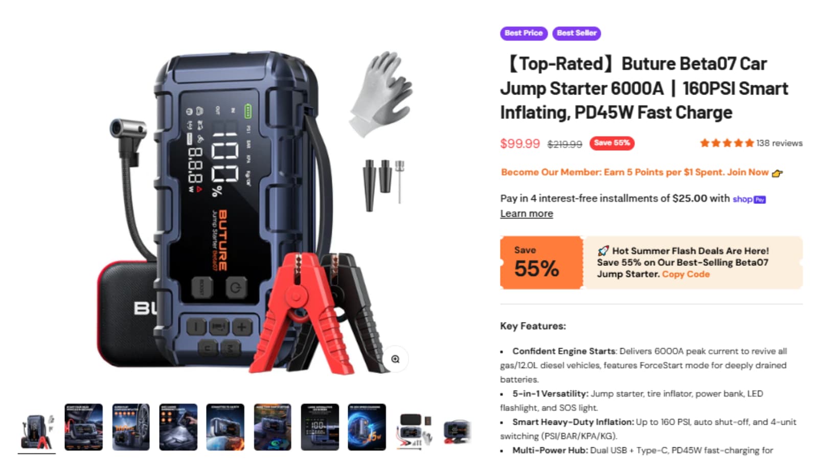 Buture Beta07 Car Jump Starter Deal Proof Buture Beta07 portable car jump starter deal proof showing $99.99 sale price and $219.99 original price