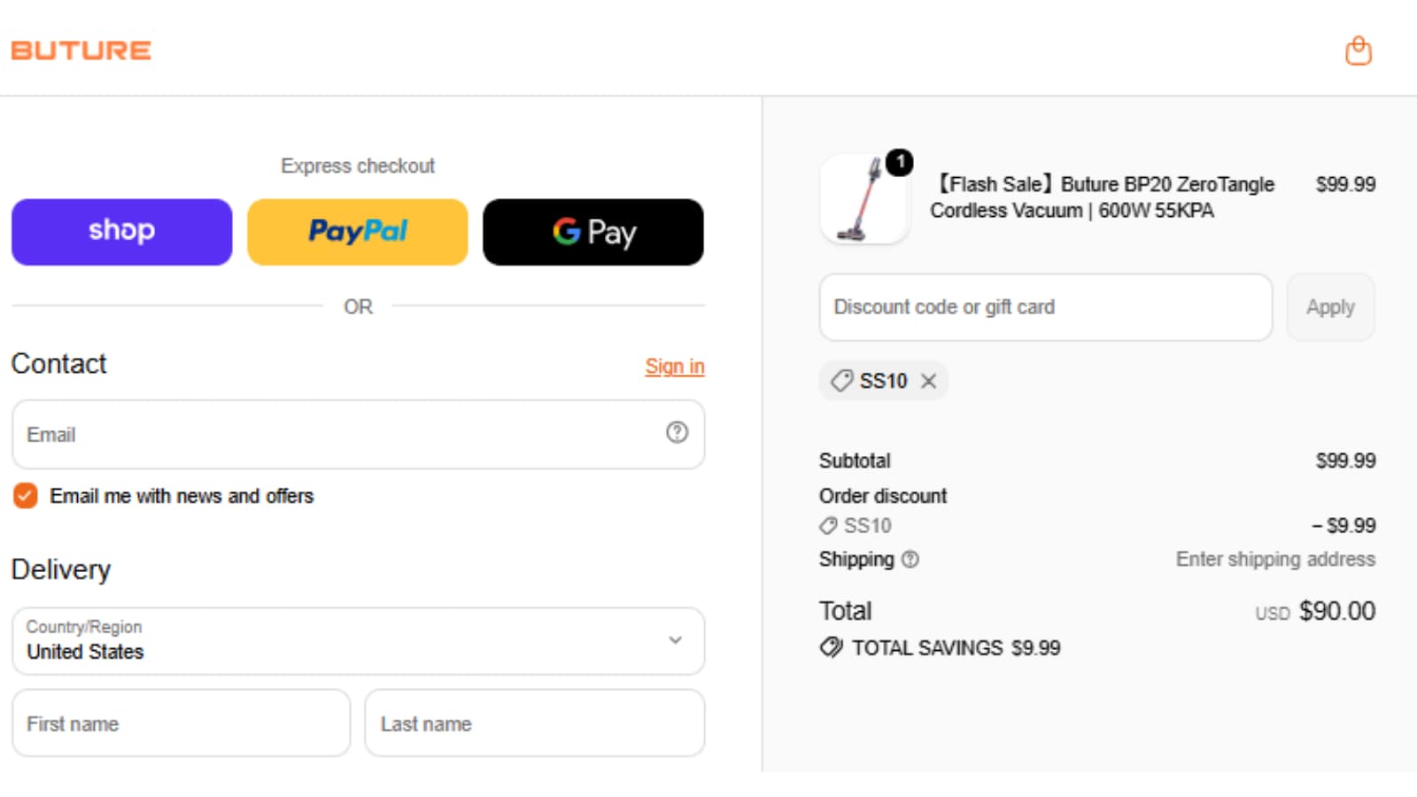 Buture SS10 Coupon Code Checkout Proof Buture SS10 coupon code checkout proof for 10% off BP20 cordless vacuum
