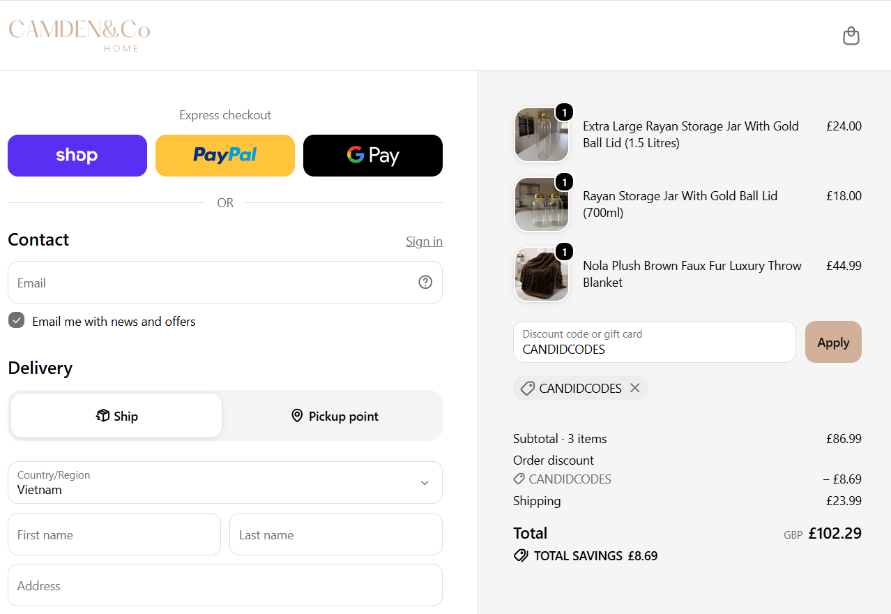 Camden & Co discount code CANDIDCODES 10% off checkout proof