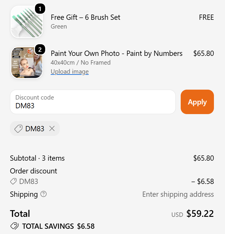 Cheerful Painting checkout showing a free six-brush set with two eligible paint-by-numbers kits and code DM83 applied