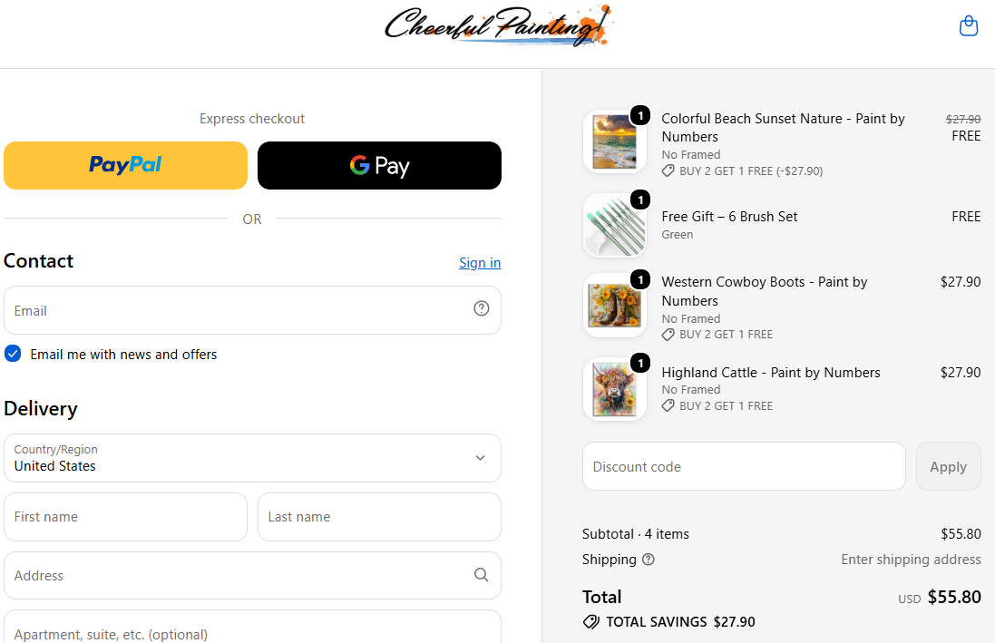 Cheerful Painting checkout showing three eligible paint-by-numbers kits with one kit and a six-brush set included free