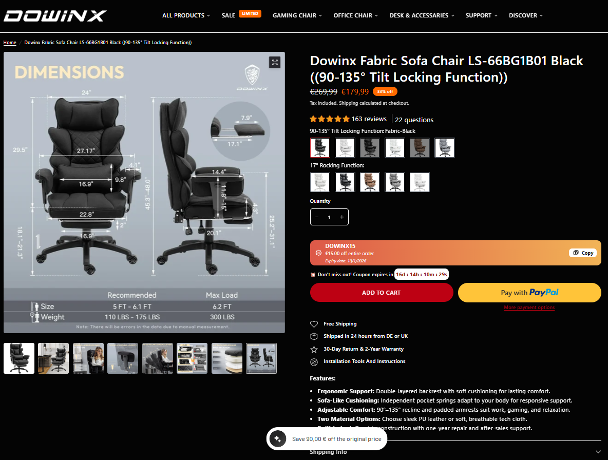 Dowinx Fabric Sofa Chair LS-66BG1B01 Black ((90-135° Tilt Locking Function)).png