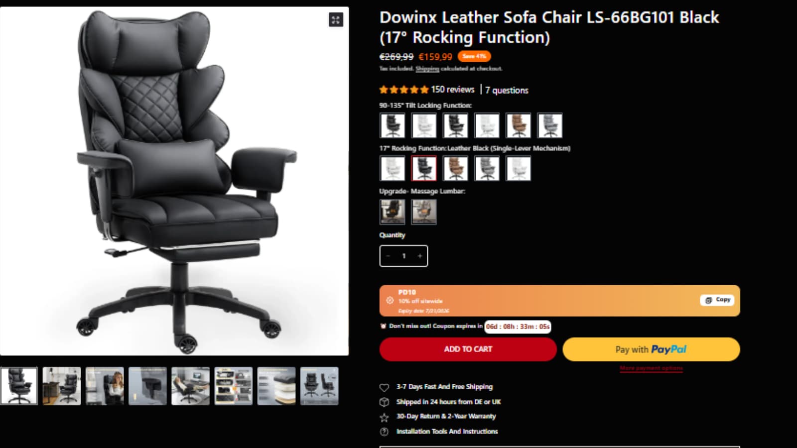 Dowinx Leather Sofa Chair LS-66BG101 Black current sale price and product proof