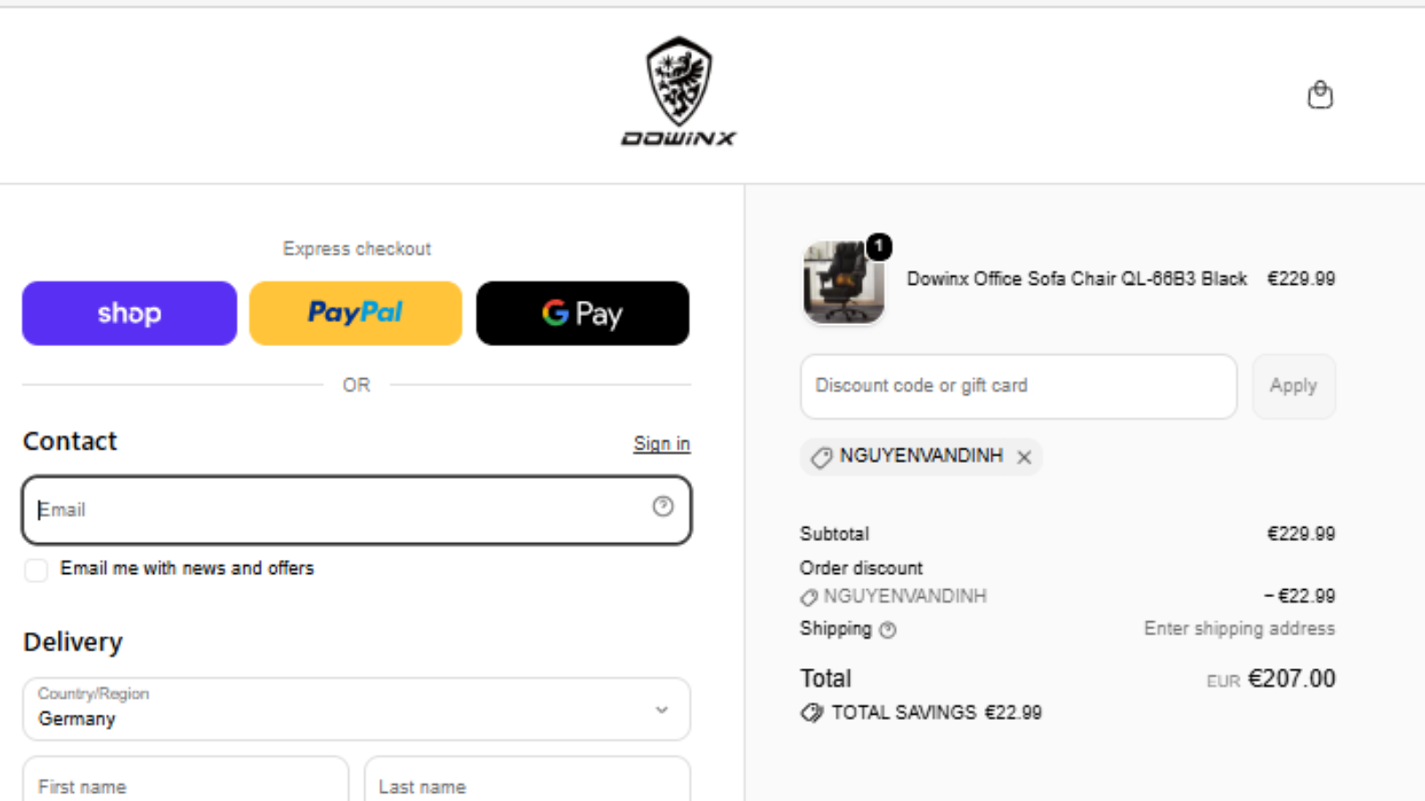 Dowinx NGUYENVANDINH checkout proof showing 10 percent off Office Sofa Chair QL-66B3 Black