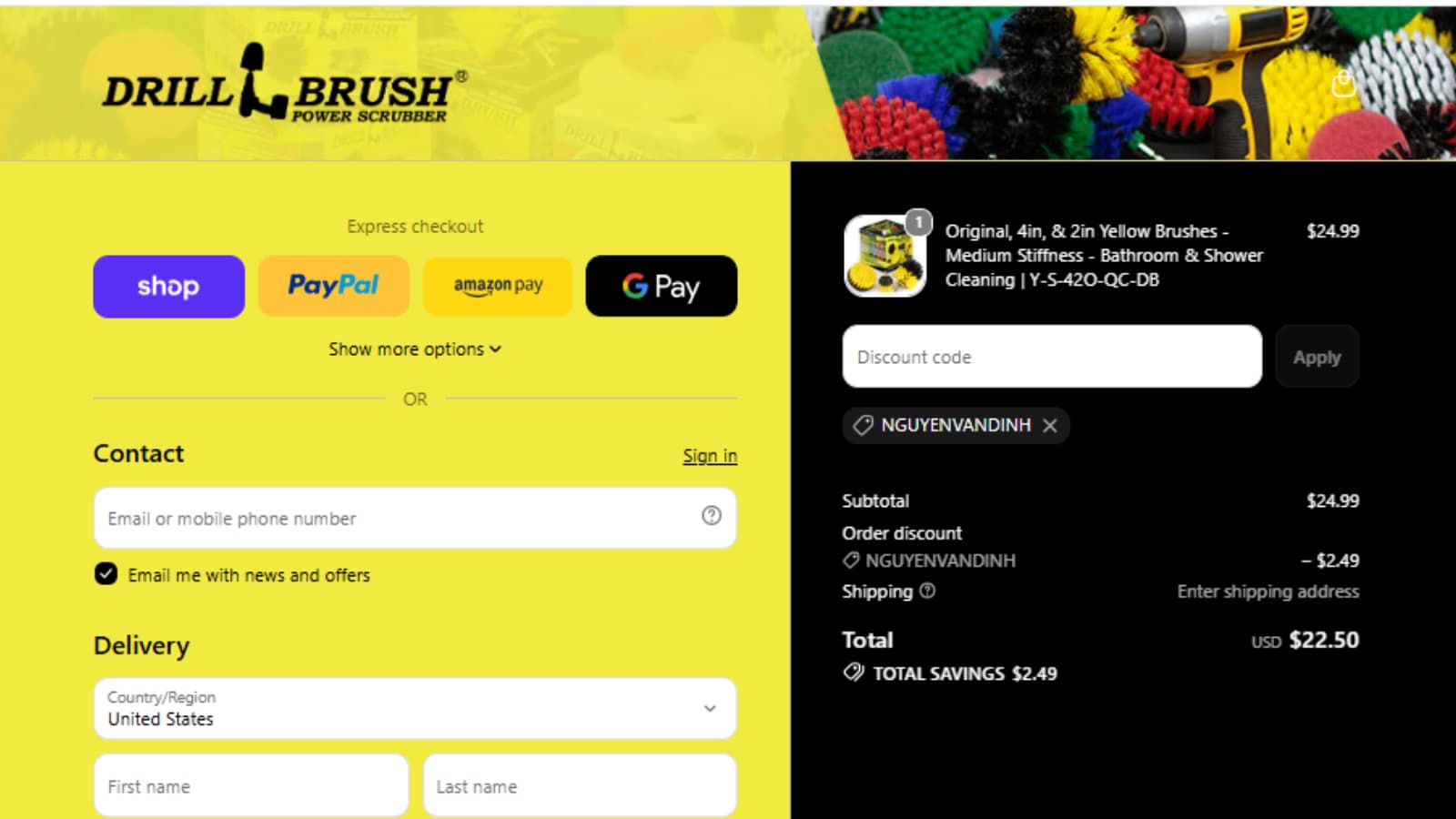 Drillbrush NGUYENVANDINH coupon code checkout proof showing 10 percent off a Yellow Brush kit