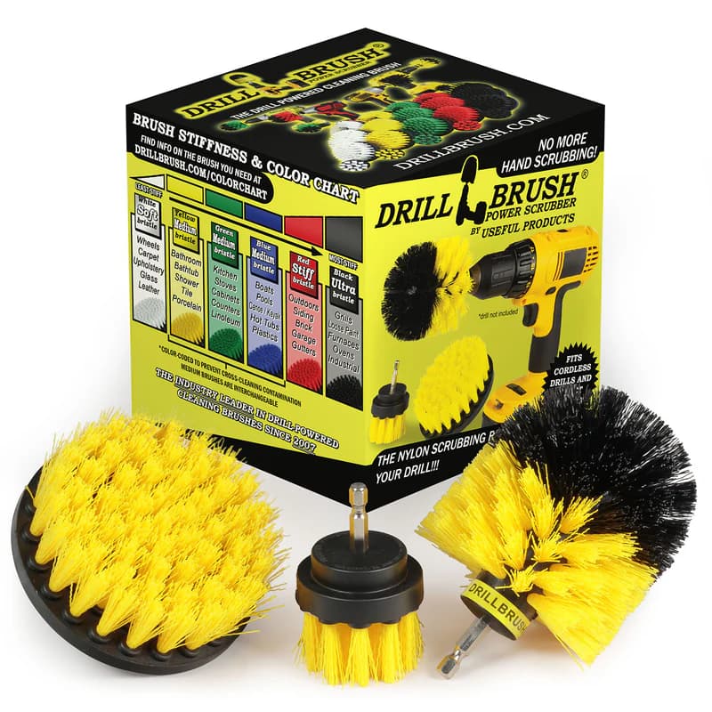 Drillbrush Yellow Brush Kit with Original, 4-inch and 2-inch medium-stiff brushes for bathroom tile and grout cleaning