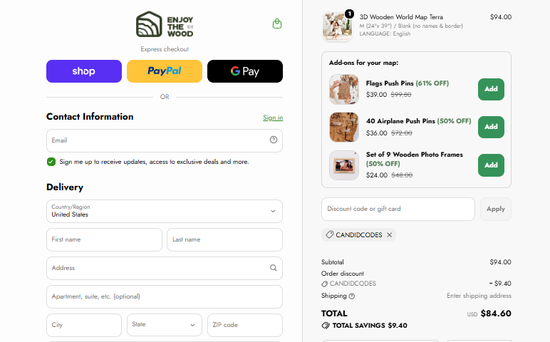 CANDIDCODES checkout proof for 3D Wooden World Map Terra