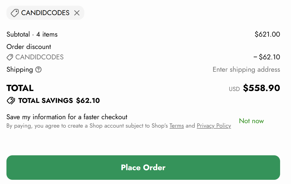 CANDIDCODES 10% off Enjoy The Wood checkout proof showing $62.10 saved on a $621 cart