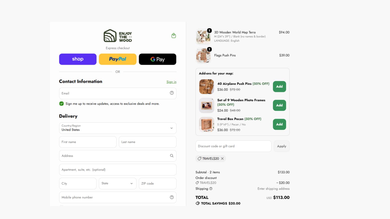 TRAVEL$20 checkout proof showing $20 saved on a $133 first order