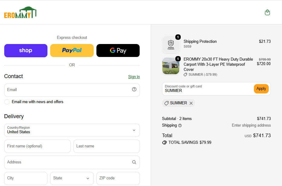 Erommy checkout showing the SUMMER coupon applied to an eligible carport order