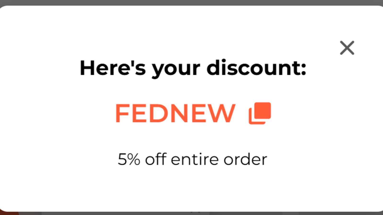 FED Fitness FEDNEW coupon code popup showing 5% off entire order