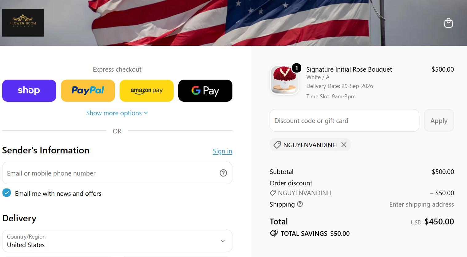 FlowerBoom Dallas discount code NGUYENVANDINH 10% off checkout proof