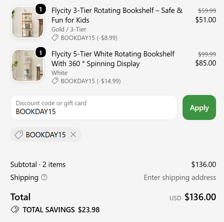 BOOKDAY15 taking 15% off two eligible Flycity bookshelves at checkout