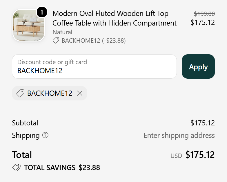 GiraTree code BACKHOME12 saves 12% on one eligible coffee table