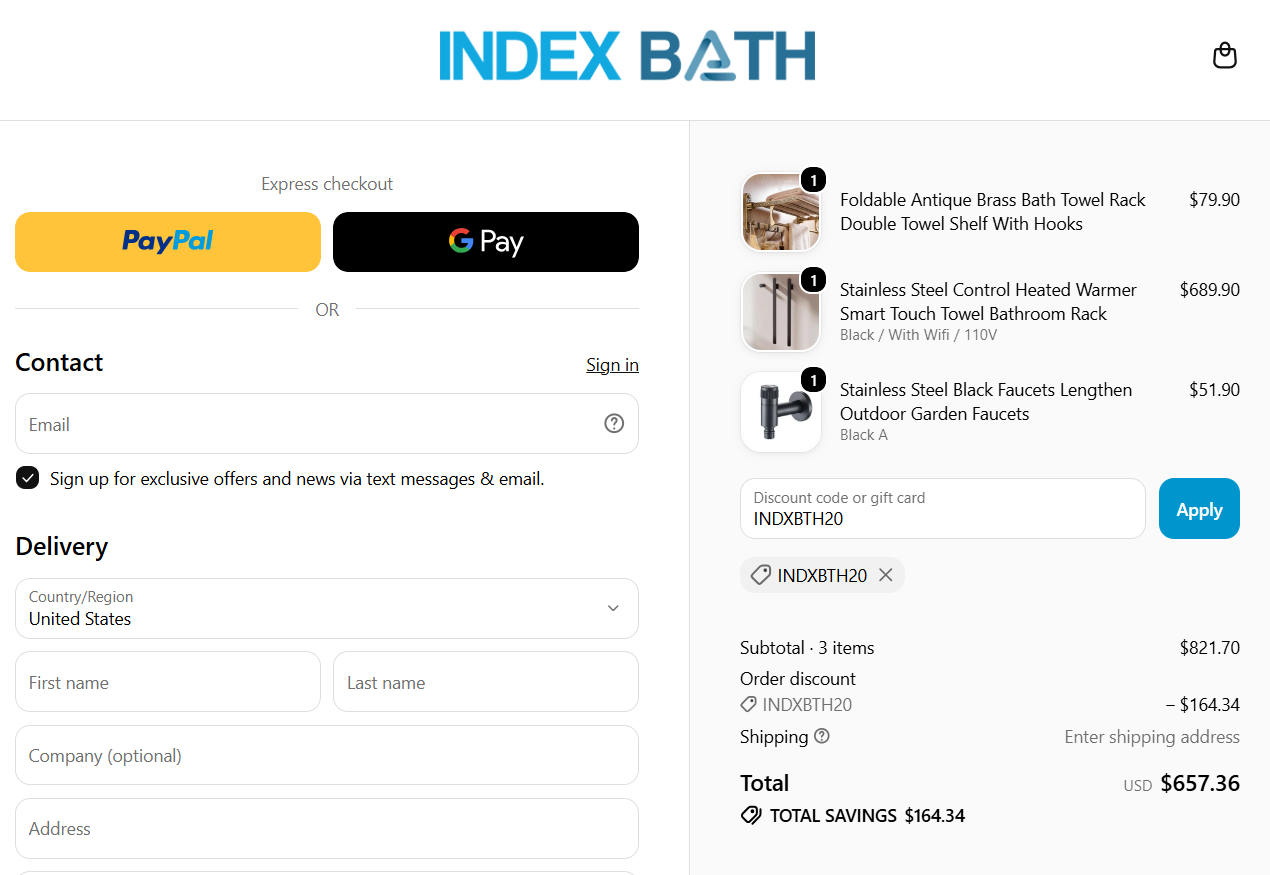 Index Bath discount code INDXBTH20 20% off checkout proof