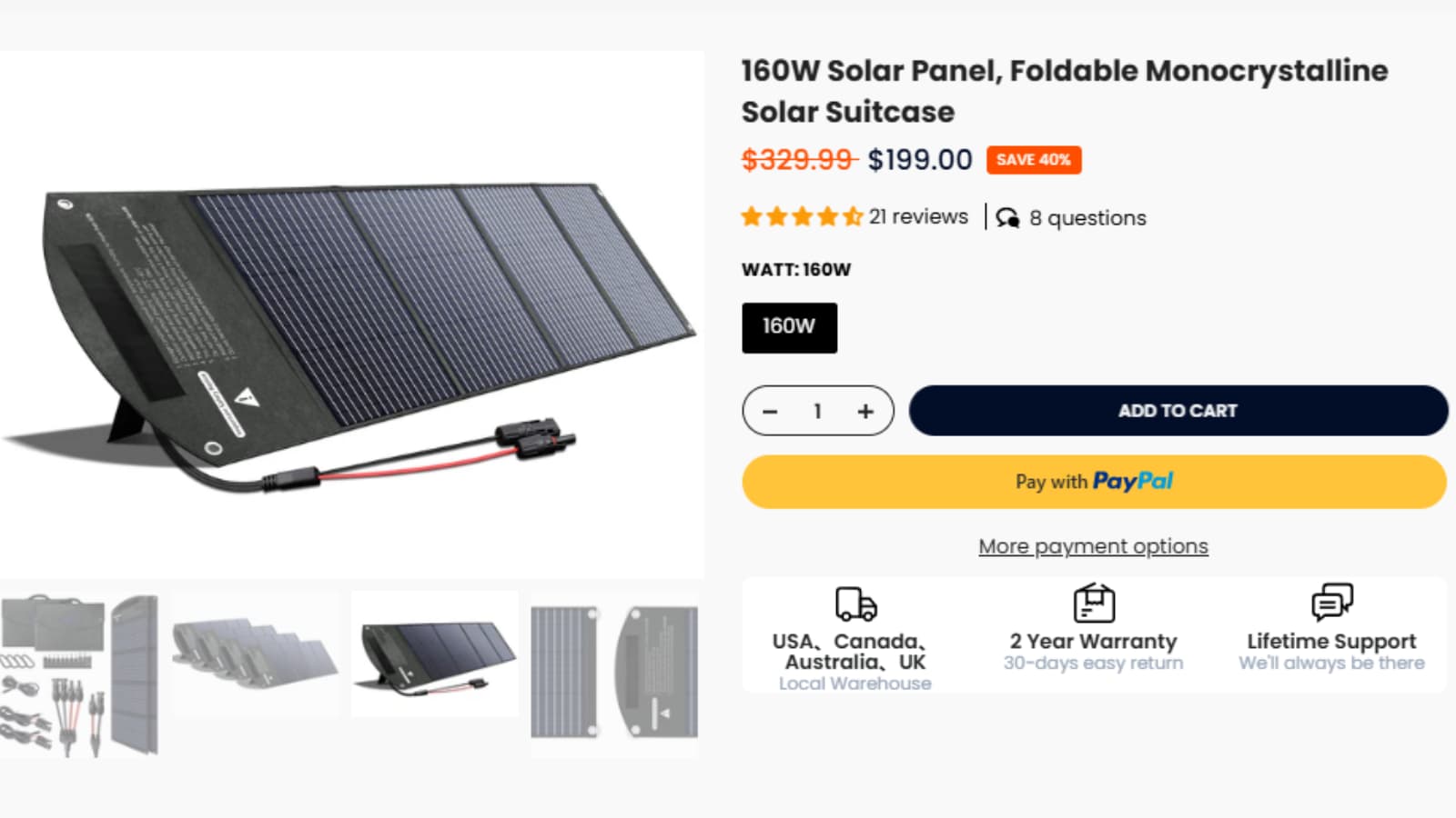 ITEHIL 160W Foldable Solar Panel Deal Proof ITEHIL 160W Foldable Solar Panel deal proof showing $329.99 original price and $199 sale price