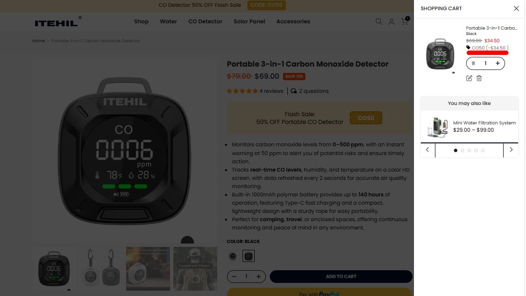 ITEHIL CO50 Cart Proof ITEHIL CO50 coupon code cart proof for 50% off Portable 3-in-1 Carbon Monoxide Detector
