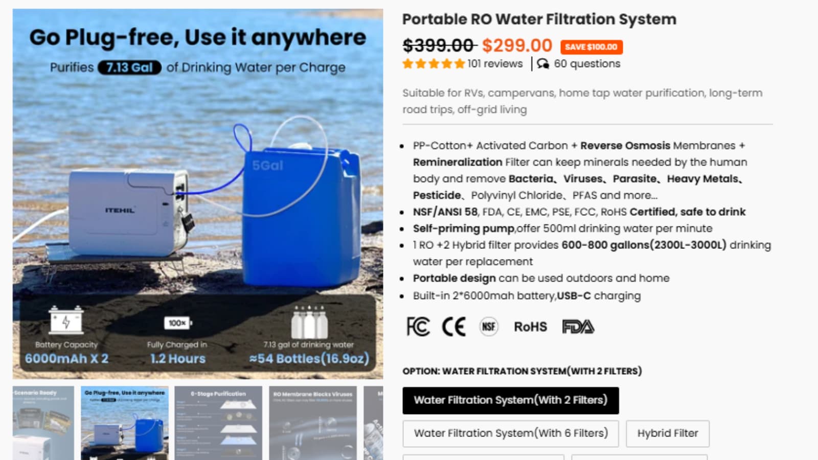 ITEHIL Portable RO Water Filtration System Deal Proof ITEHIL Portable RO Water Filtration System deal proof showing $399 original price and $299 sale price