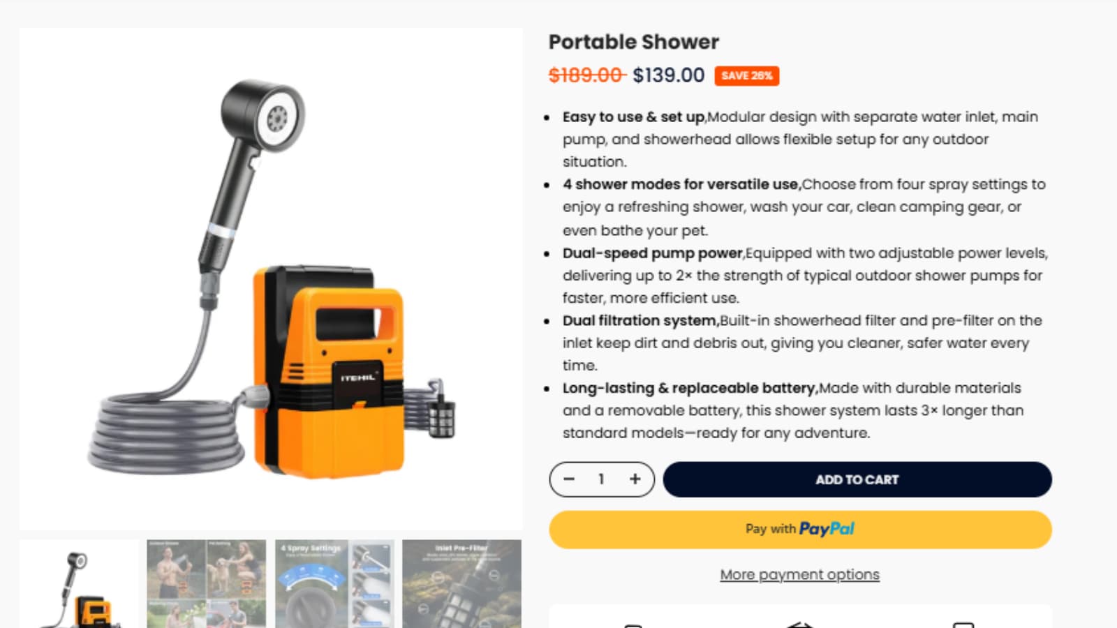 ITEHIL Portable Shower Deal Proof ITEHIL Portable Shower deal proof showing $189 original price and $139 sale price