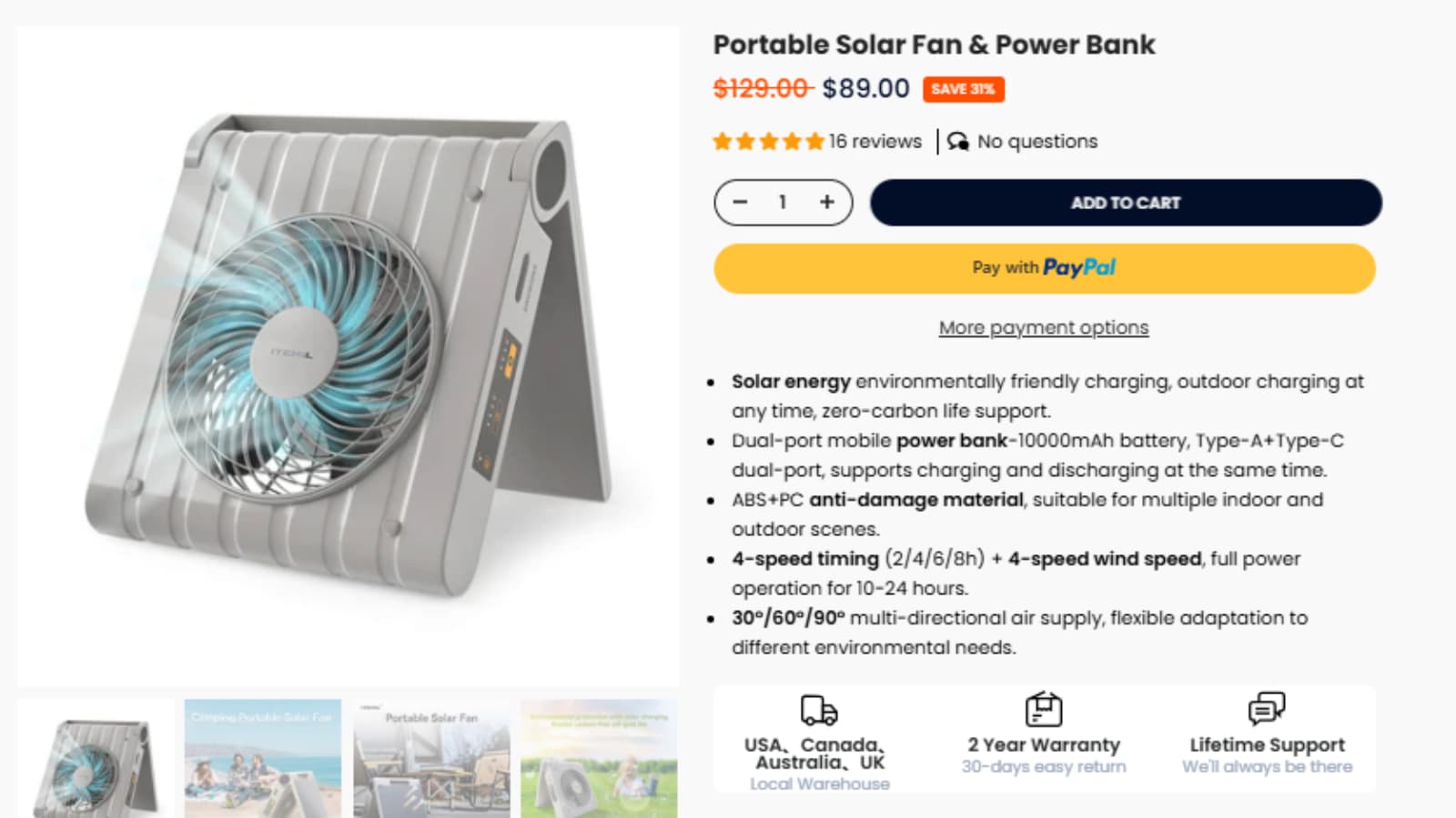 ITEHIL Portable Solar Fan and Power Bank Deal Proof ITEHIL Portable Solar Fan and Power Bank deal proof showing $129 original price and $89 sale price
