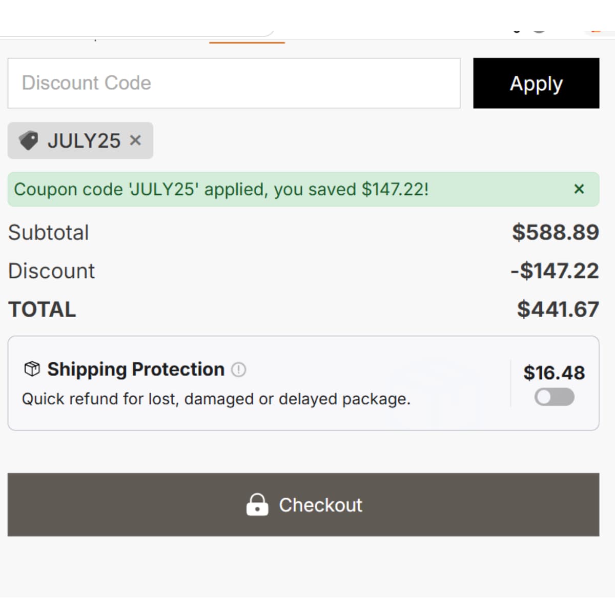 JULY25 Joydeco coupon code proof showing 25 percent off Independence Day Sale cart