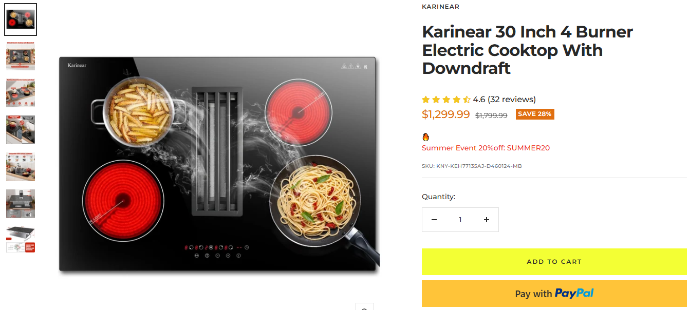 Karinear 30 Inch 4 Burner Electric Cooktop With Downdraft