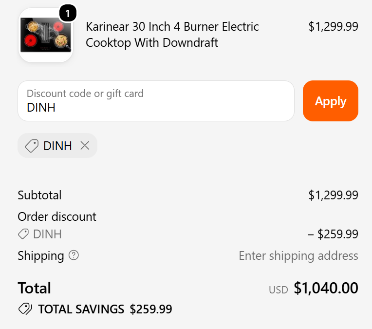 code DINH verified discounts 20% Off via _Karinear 30 Inch 4 Burner Electric Cooktop With Downdraft
