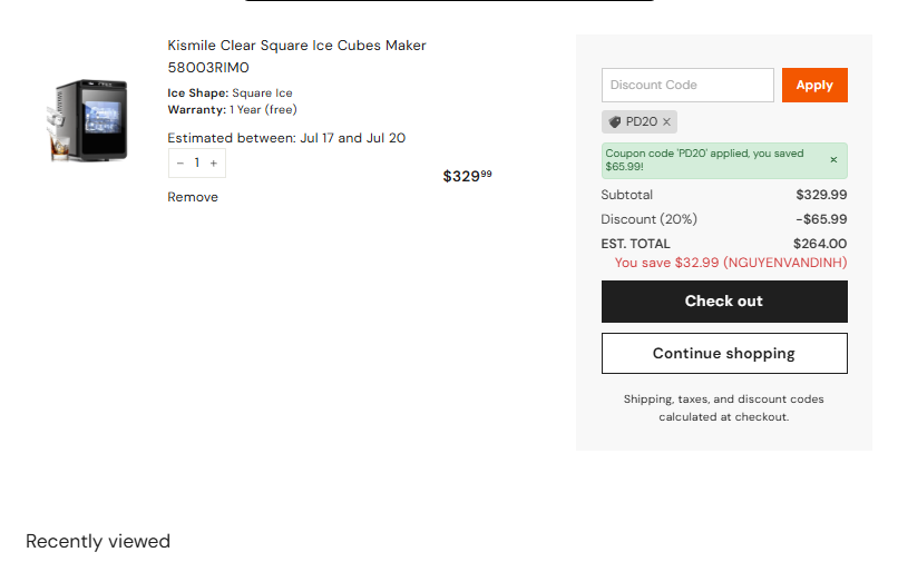 PD20 checkout proof for Kismile 58003RIM0 showing final price 264 dollars