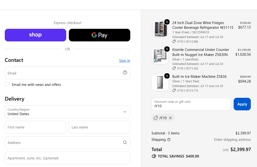 JY10 checkout proof showing 400 dollars savings