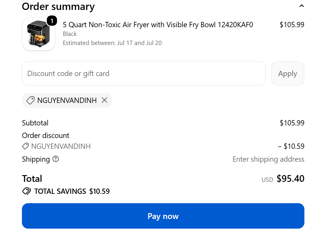 Kismile NGUYENVANDINH checkout proof showing 10 percent off