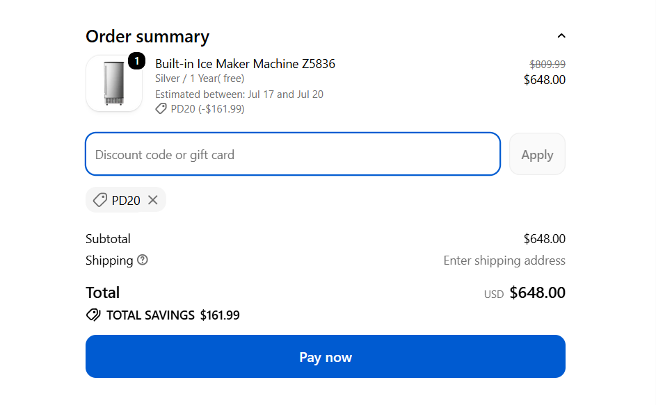 PD20 checkout proof for Kismile Z5836 showing final price 648 dollars