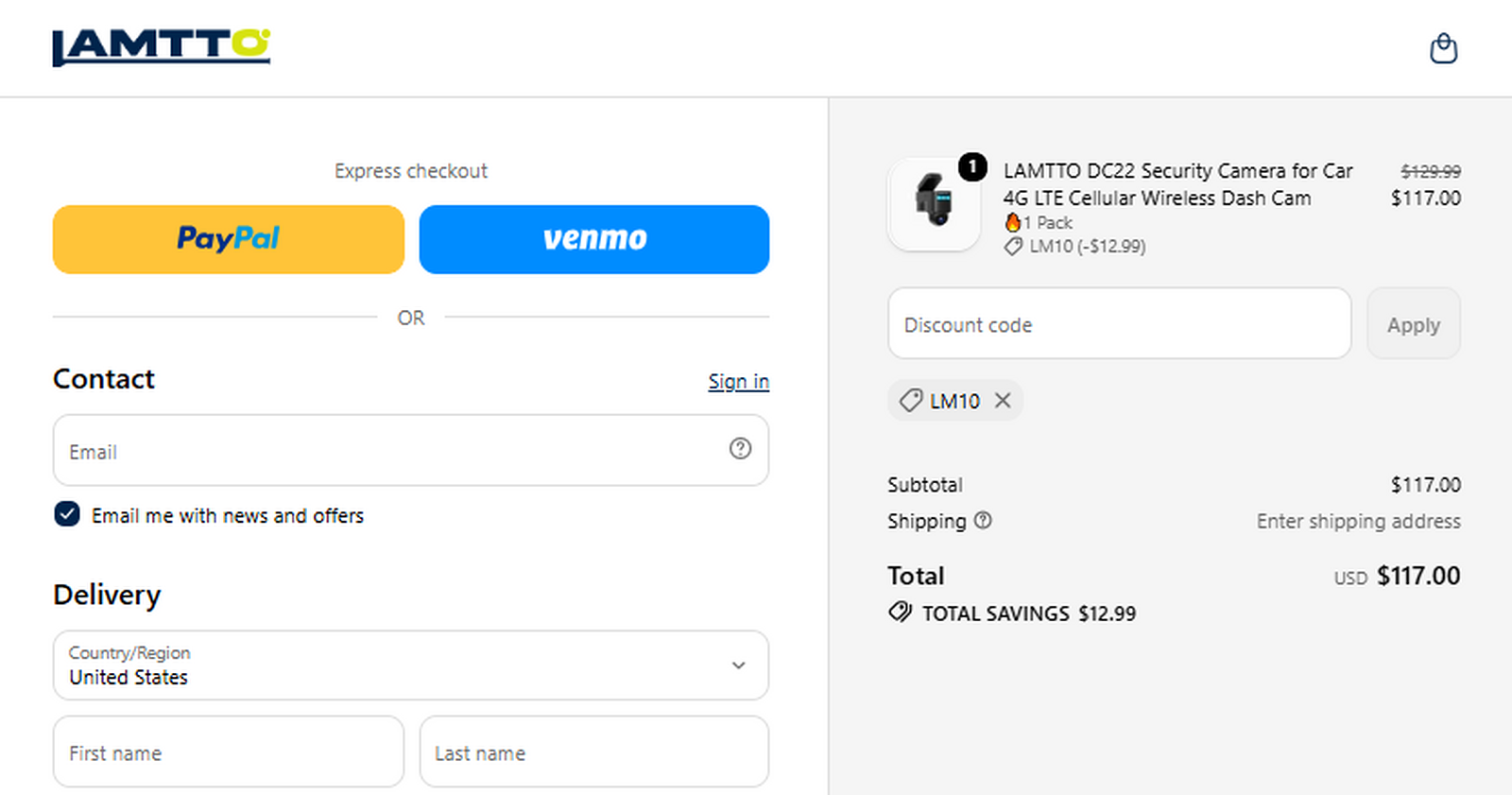 LAMTTO LM10 checkout proof showing 10 percent discount