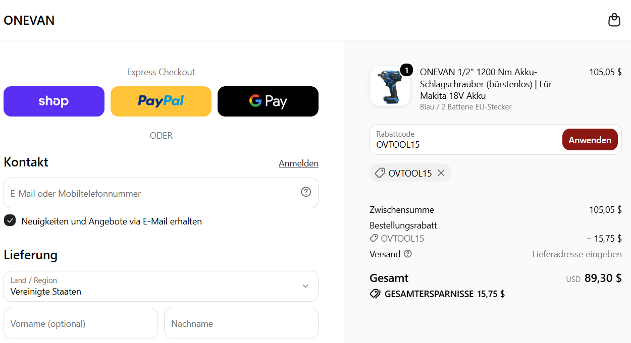 ONEVAN Gutscheincode OVTOOL15 – 15% Rabatt an der Kasse bestätigt