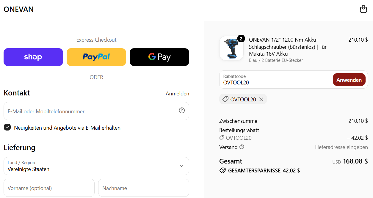 ONEVAN Gutscheincode OVTOOL20 – 20% Rabatt an der Kasse bestätigt