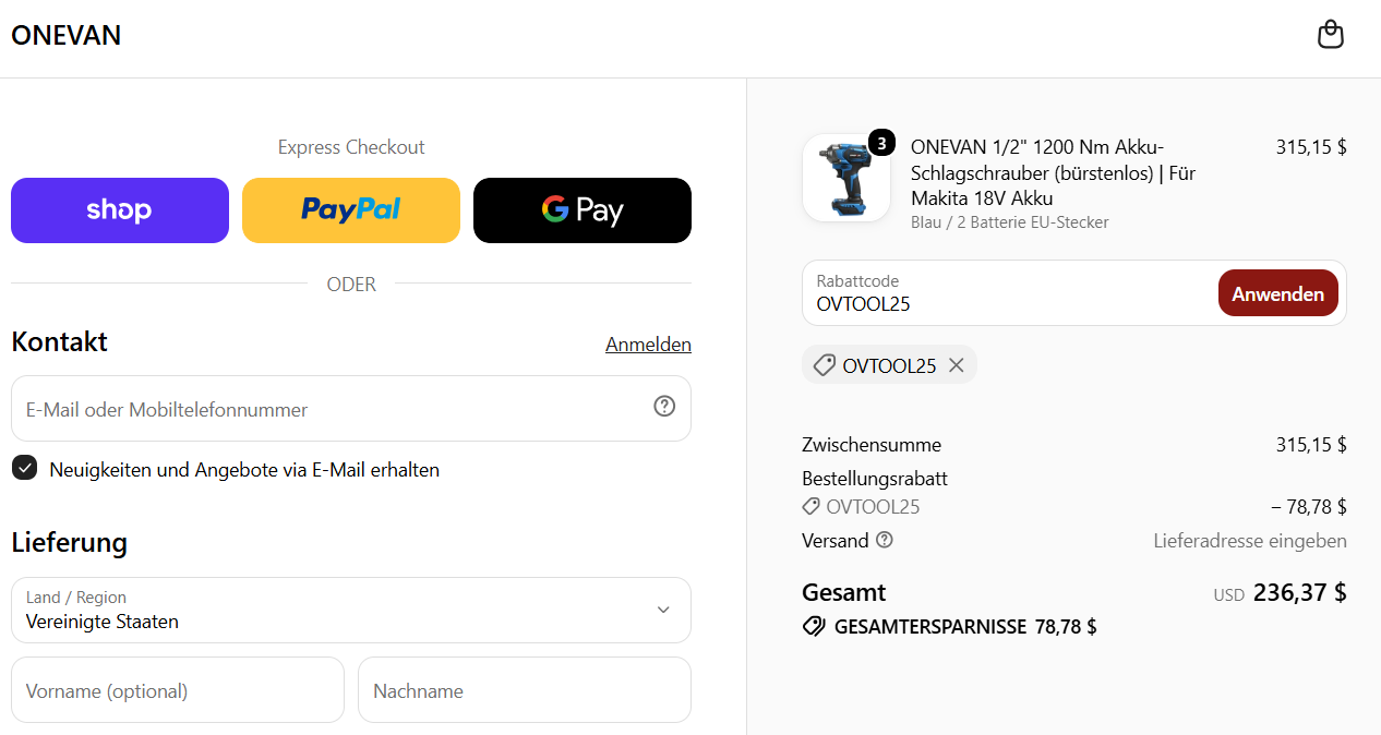 ONEVAN Gutscheincode OVTOOL25 – 25% Rabatt an der Kasse bestätigt