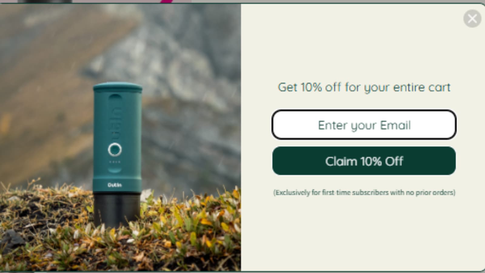 Outin email signup offer showing 10% off entire cart for first-time subscribers