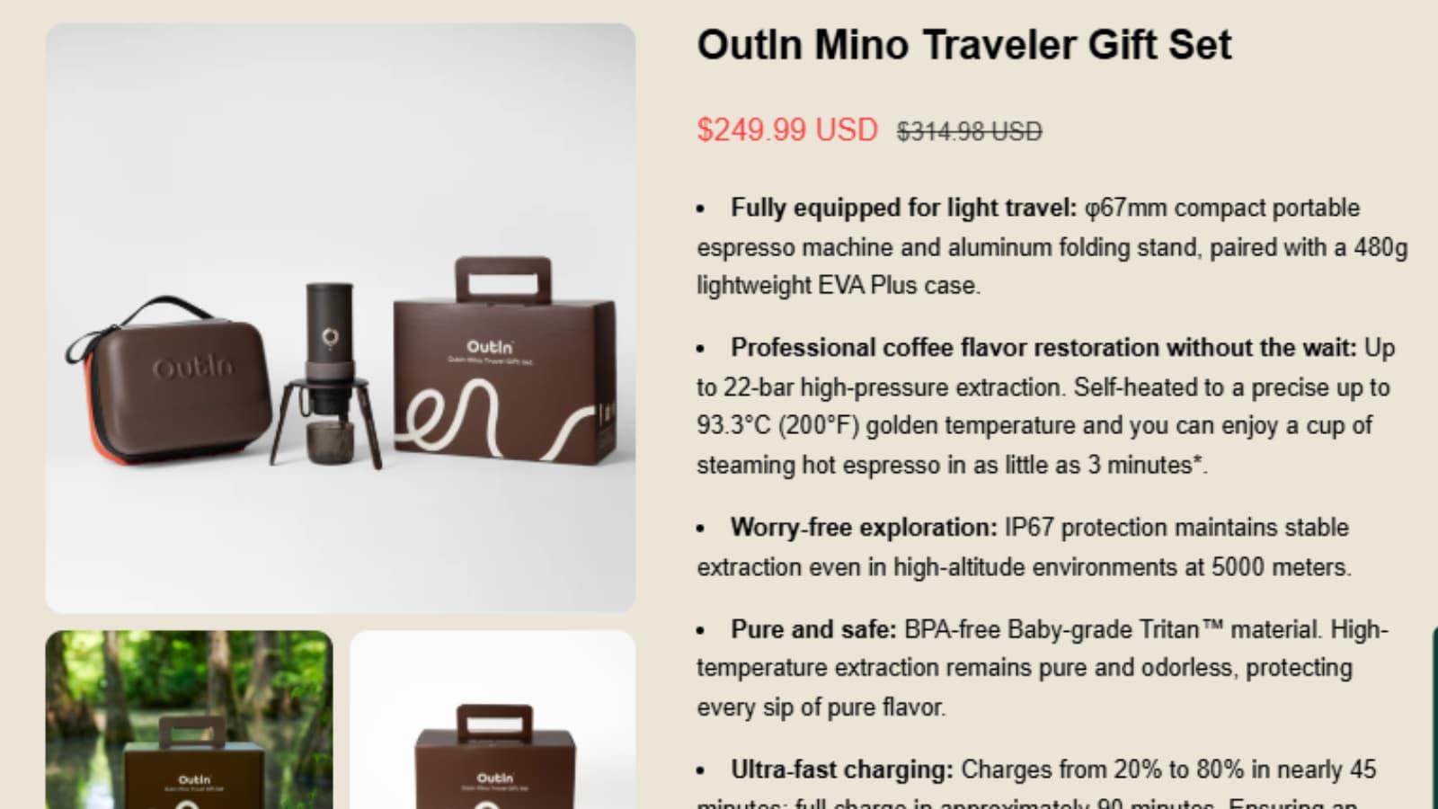 Outin Mino Traveler Gift Set deal showing $249.99 from $314.98 and Save $64.99