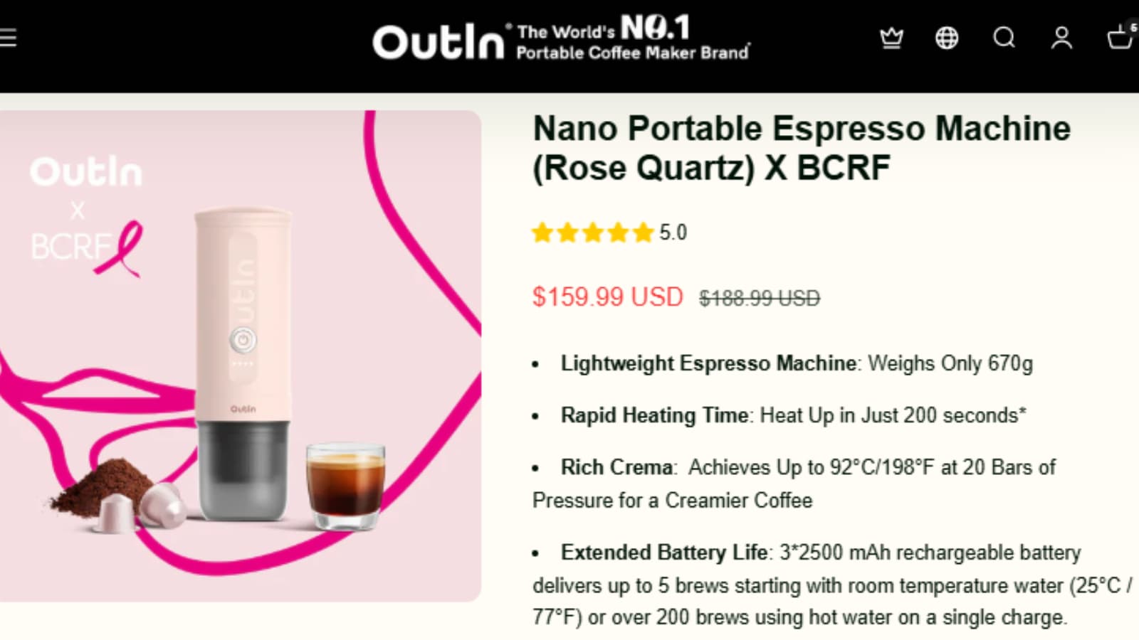 Outin Rose Quartz X BCRF deal showing $159.99 from $188.99 and Save $29.00