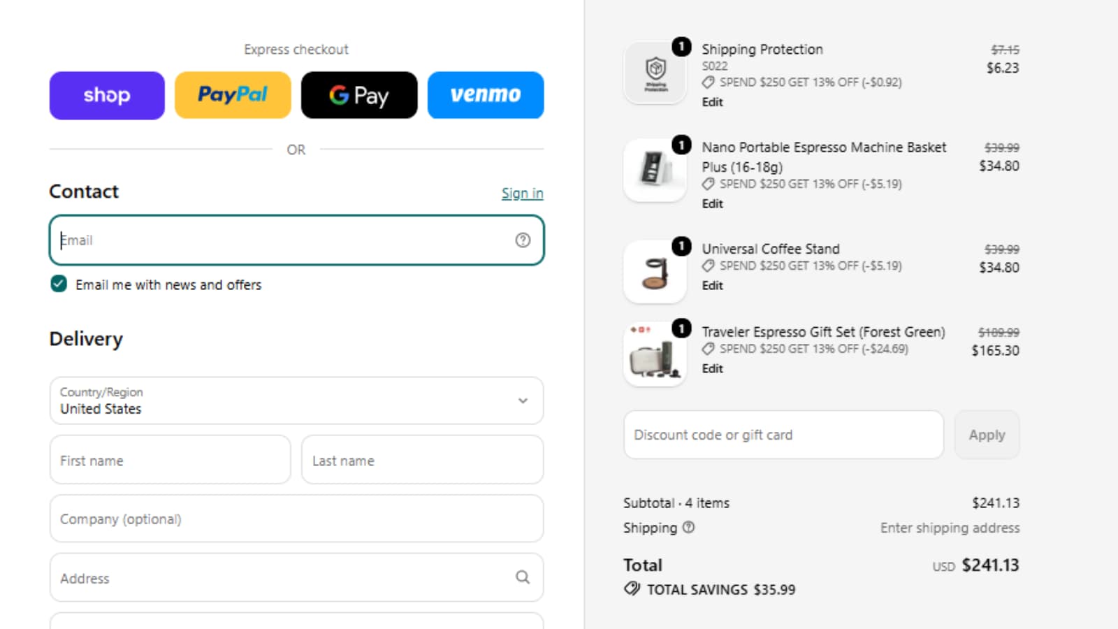 Outin Summer Escape Plan checkout proof showing 13% off on orders over $250 USD