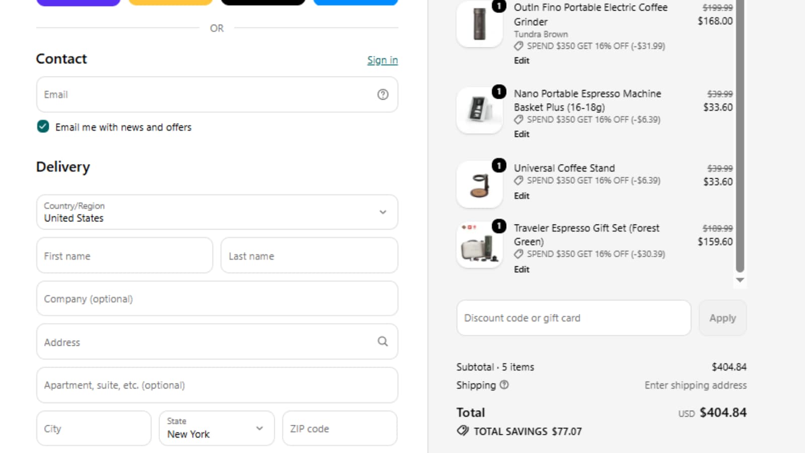 Outin Summer Escape Plan checkout proof showing 16% off on orders over $350 USD