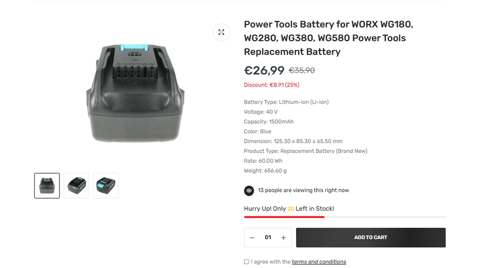 PowerSmartakku WORX WG180 WG280 WG380 WG580 Battery Deal PowerSmartakku WORX WG180 WG280 WG380 WG580 replacement battery deal: EUR 35.90 reduced to EUR 26.99