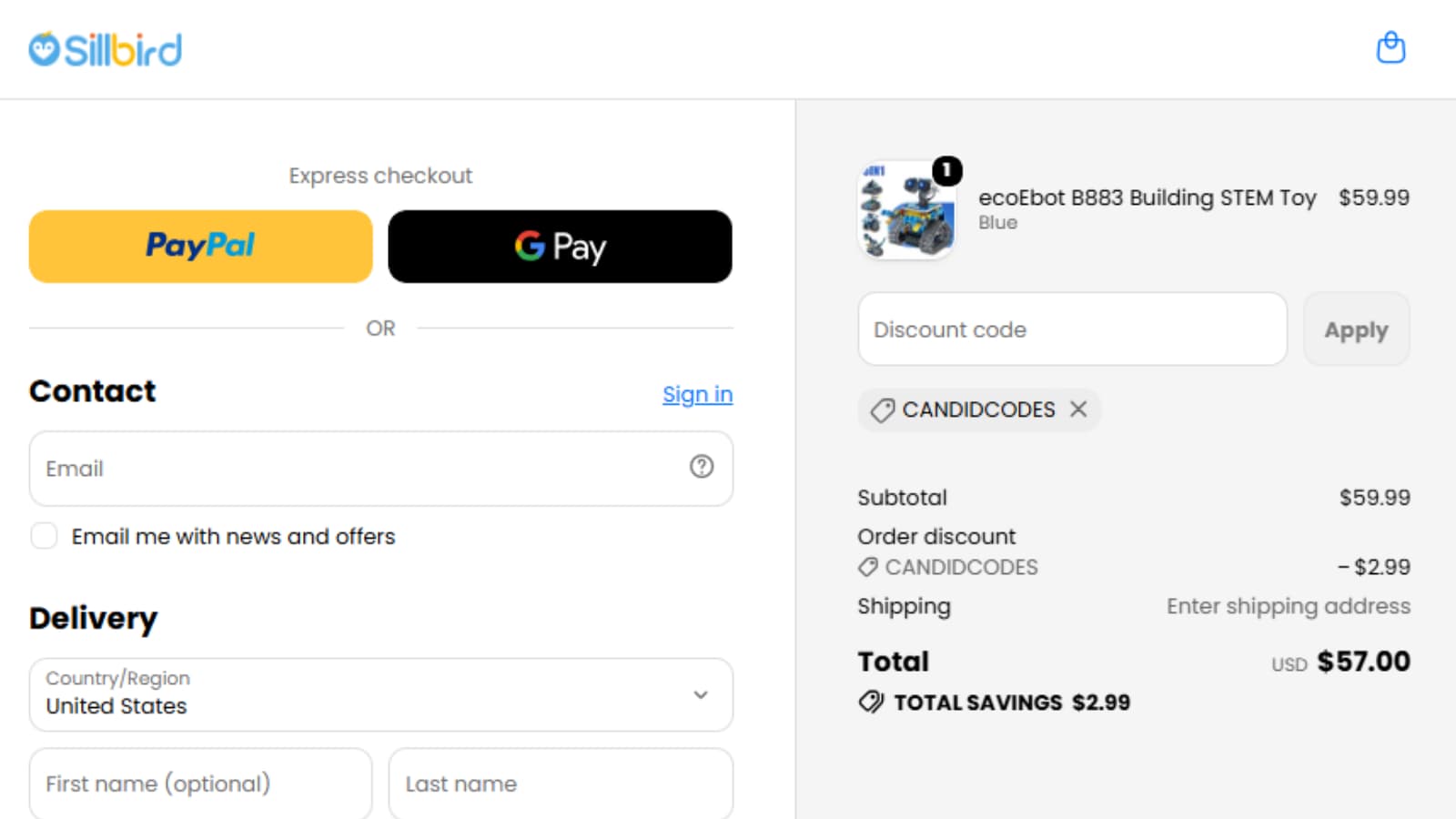 CANDIDCODES Sillbird checkout proof showing five percent off