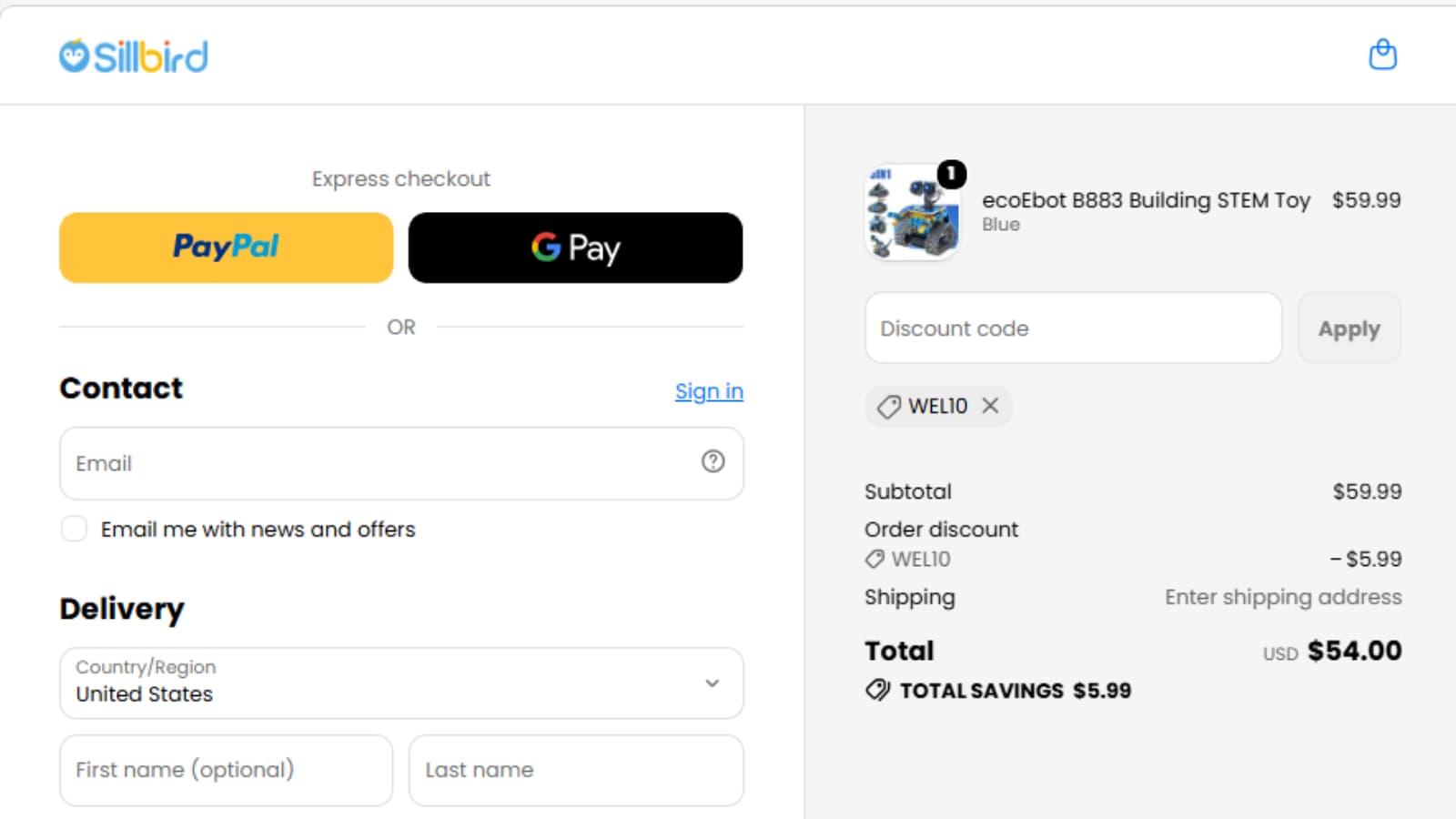 WEL10 Sillbird checkout proof showing ten percent off