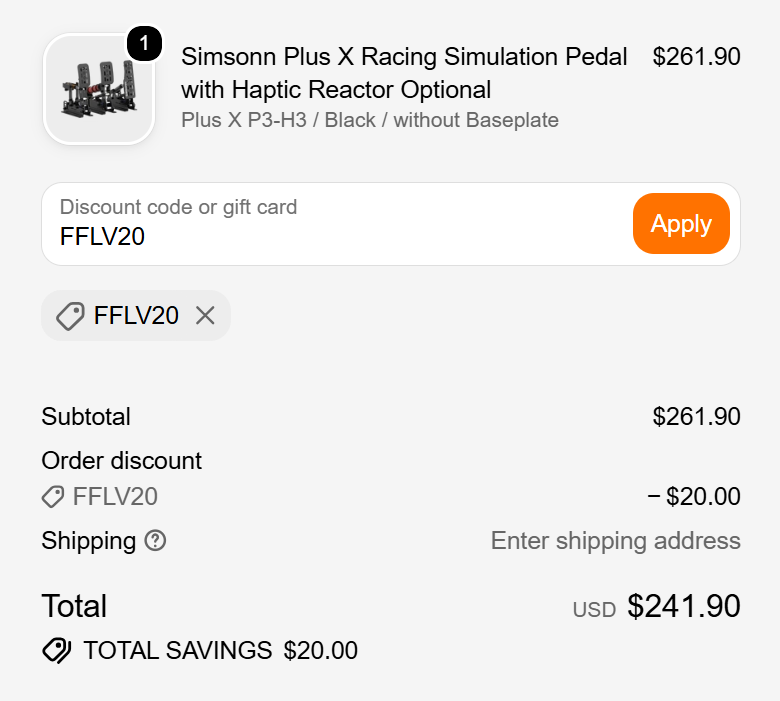 Simsonn discount code FFLV20 $20 off Plus X pedals checkout proof