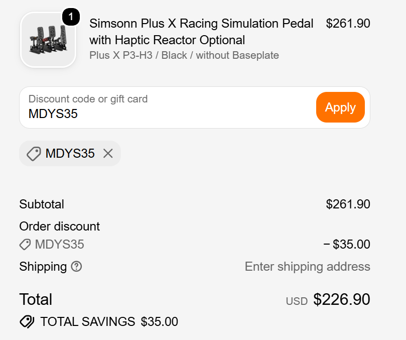 Simsonn discount code MDYS35 $35 off Plus X pedals checkout proof