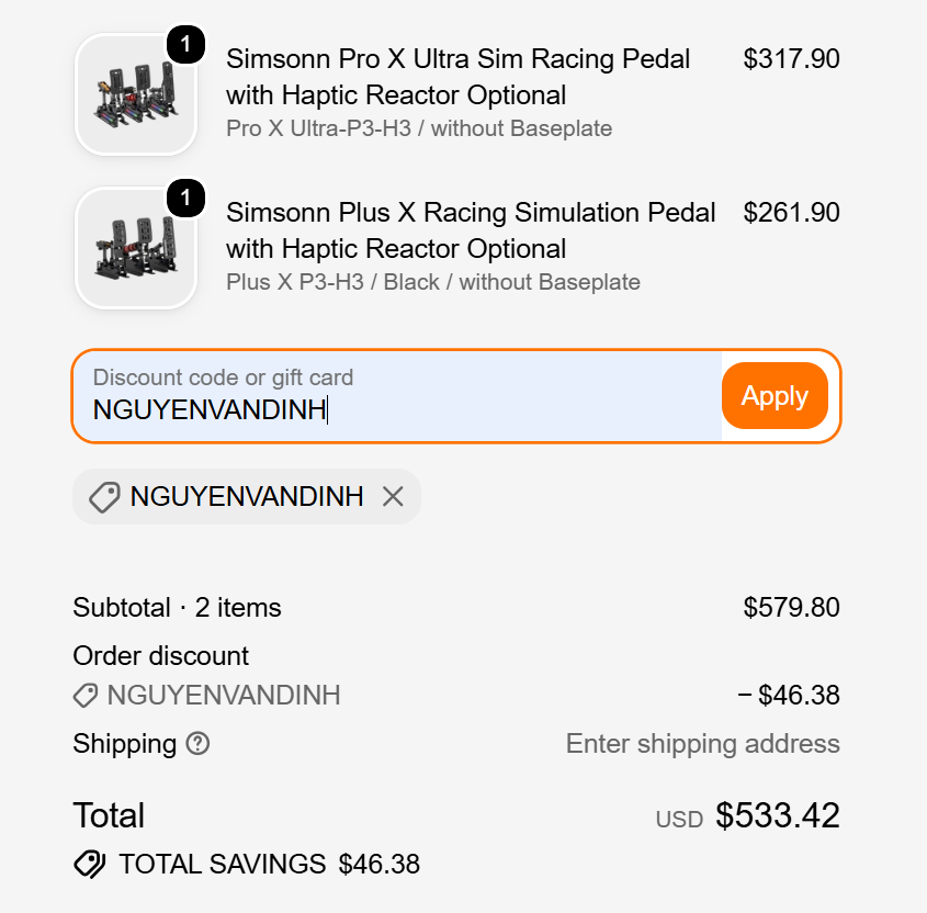 Simsonn discount code NGUYENVANDINH extra 8% off sim racing pedals checkout proof