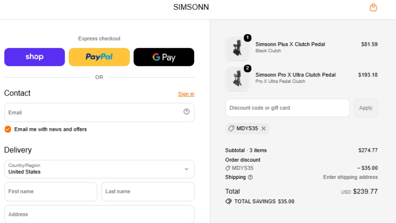 Simsonn checkout showing MDYS35 saving $35 on an order over $199