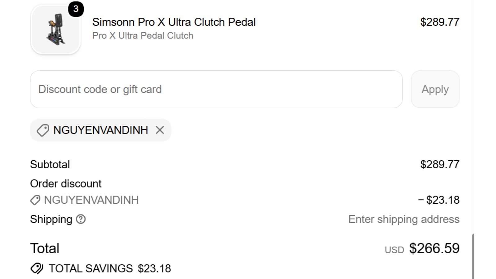 Simsonn checkout showing NGUYENVANDINH saving $23.18 on a $289.77 eligible order
