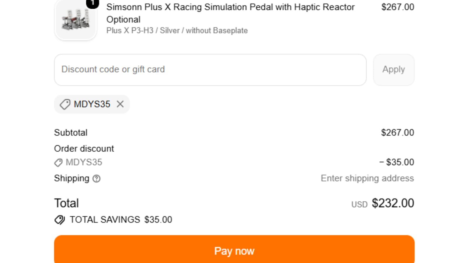 Simsonn Plus X Pedals checkout showing MDYS35 and a $232 total